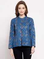 Myshka Women's Blue Cotton Full Sleeve Mandarin Collar Printed Casual Jacket | Grab2Buy