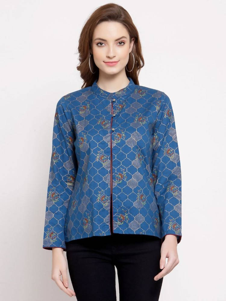 Myshka Women's Blue Cotton Full Sleeve Mandarin Collar Printed Casual Jacket | Grab2Buy