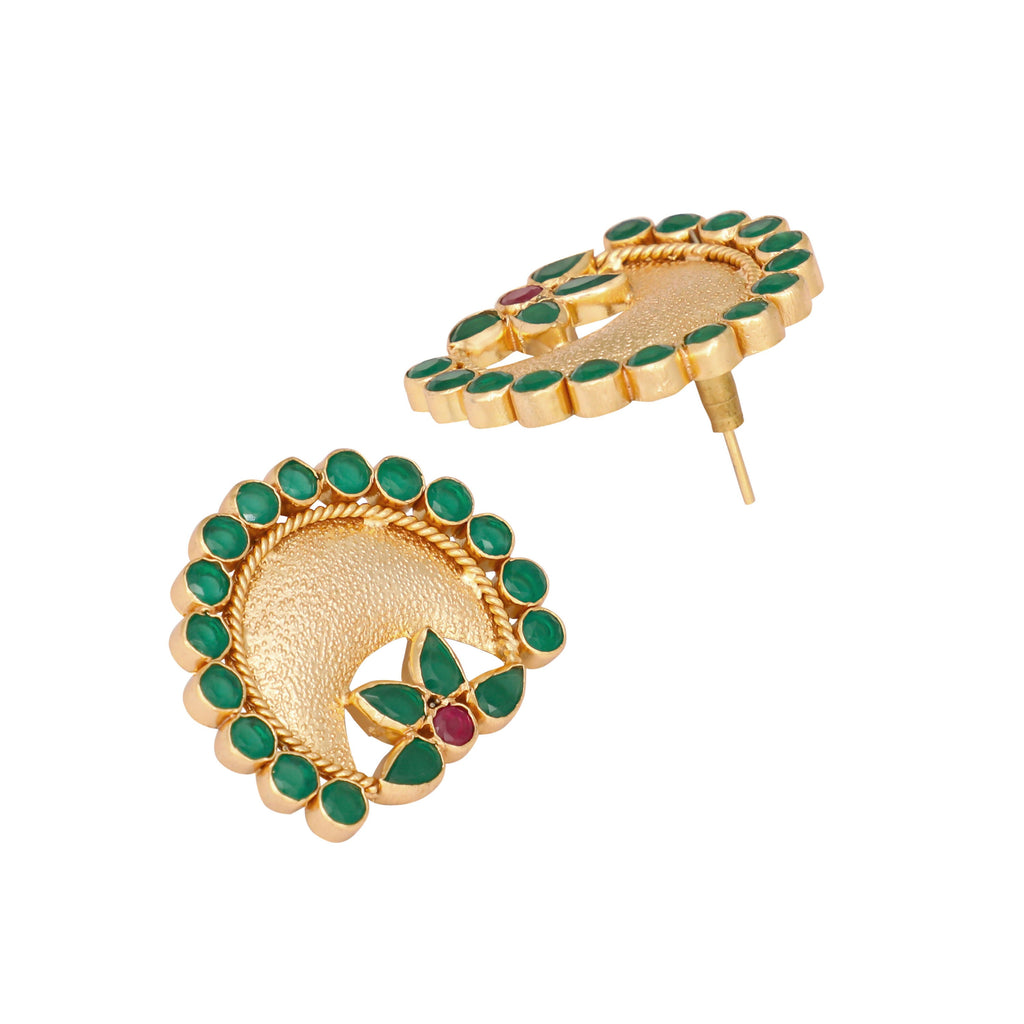 Nuyug 22K Gold Plated Faux Emerald Stone Studded Contemporary Shaped Studs | Grab2Buy