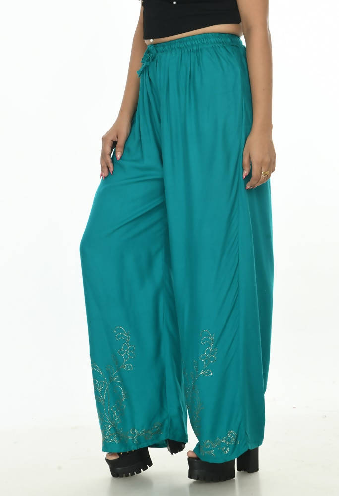 Mominos Fashion Moeza Reyon Cotton Rama Green Color Sirsoki Work Palazzo | Grab2Buy