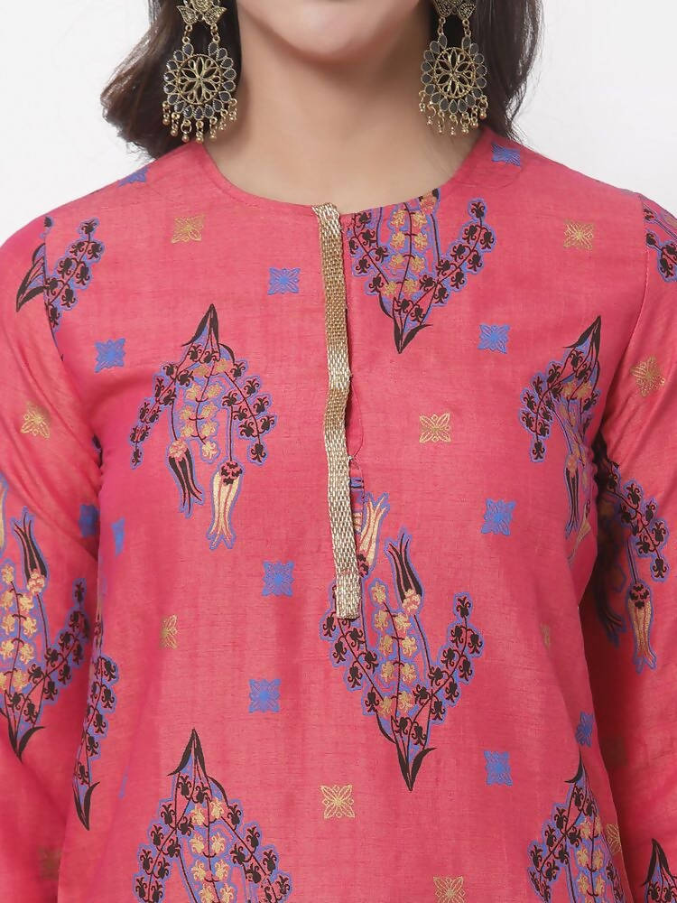 Myshka Women's Pink Printed 3/4 Sleeve Rayon Round Neck Casual Kurta | Grab2Buy