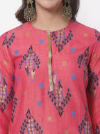 Myshka Women's Pink Printed 3/4 Sleeve Rayon Round Neck Casual Kurta | Grab2Buy