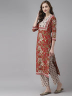 Yufta Women Maroon Floral Printed Regular Thread Work Pure Cotton Kurta with Palazzo & With Dupatta | Grab2Buy
