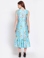 Myshka Women's Green Printed Cotton Blend Sleeveless Round Neck Casual Dress | Grab2Buy
