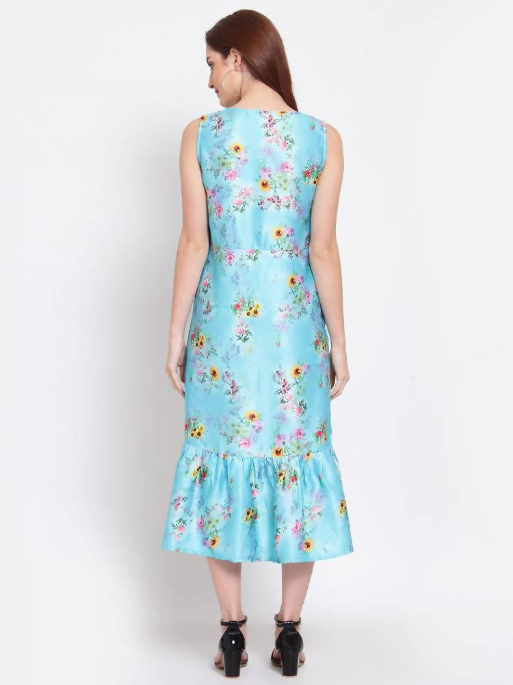 Myshka Women's Green Printed Cotton Blend Sleeveless Round Neck Casual Dress | Grab2Buy