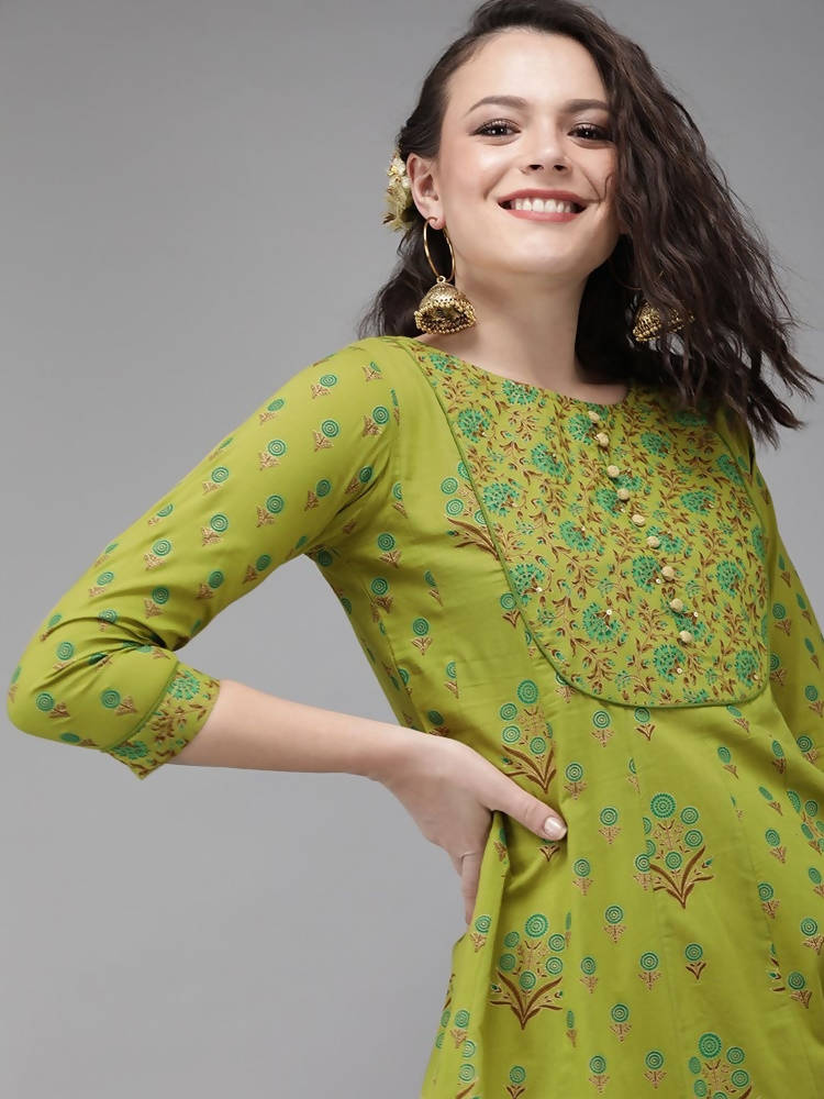 Yufta Women Green & Brown Printed A-Line Panelled Kurta | Grab2Buy
