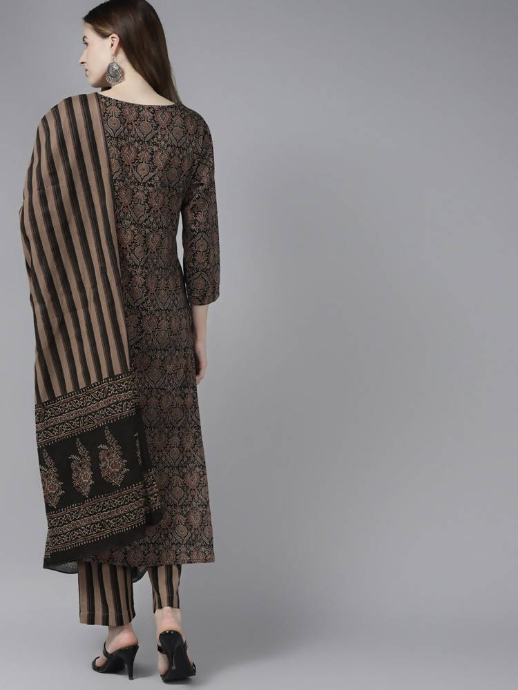 Yufta Women Black Ethnic Motifs Printed Pure Cotton Kurta with Trouser and Dupatta | Grab2Buy