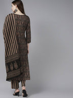 Yufta Women Black Ethnic Motifs Printed Pure Cotton Kurta with Trouser and Dupatta | Grab2Buy
