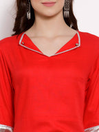 Myshka Women's Red Cotton 3/4 Sleeve V Neck Solid Casual Anarkali Kurta Dupatta Set | Grab2Buy
