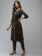 Yufta Women Navy Blue Sequinned Pure Cotton Kurta with Trouser | Grab2Buy