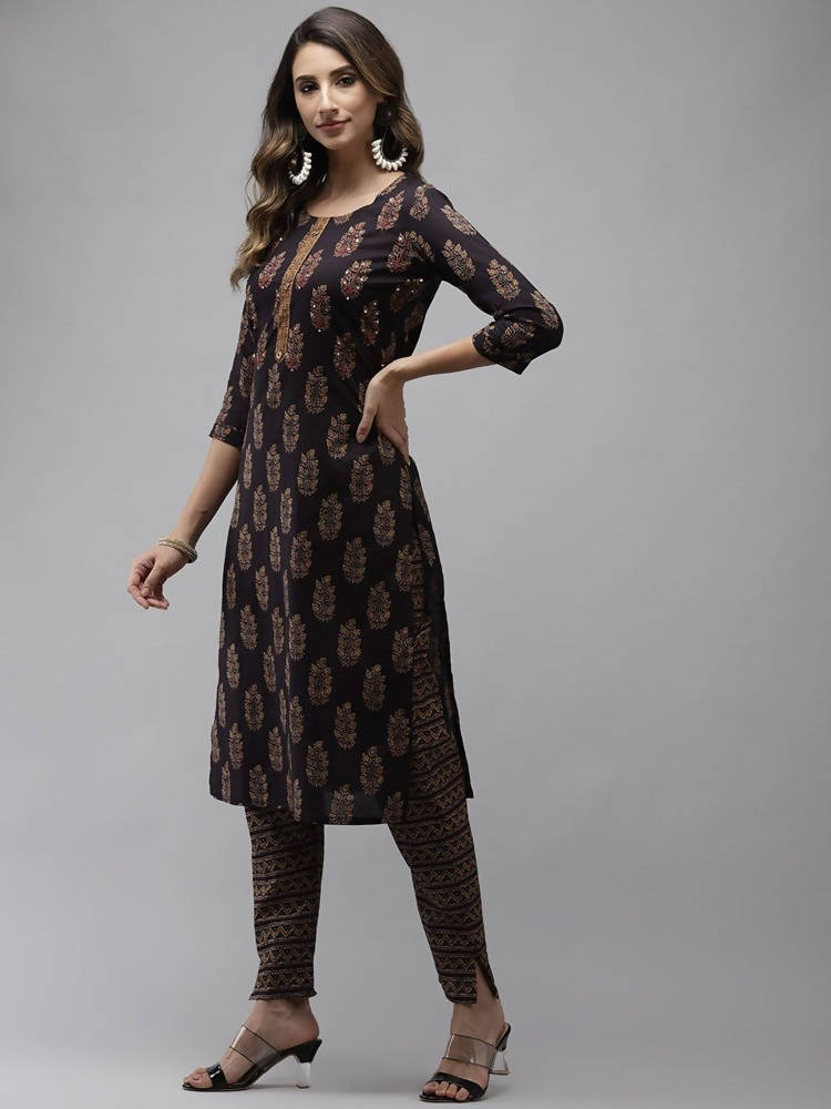 Yufta Women Navy Blue Sequinned Pure Cotton Kurta with Trouser | Grab2Buy