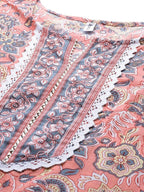 Yufta Peach Hand Block Printed Kurta with Trouser and Dupatta | Grab2Buy