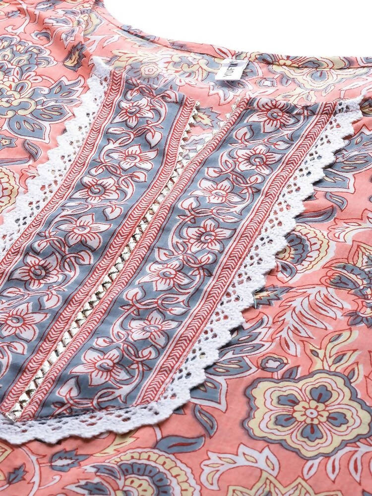 Yufta Peach Hand Block Printed Kurta with Trouser and Dupatta | Grab2Buy