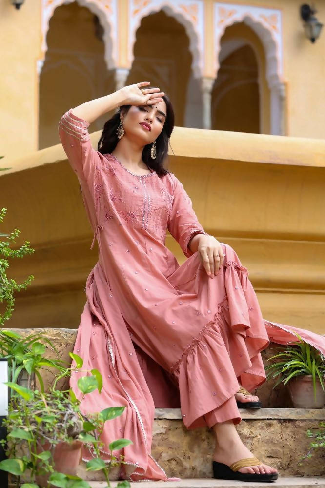 Yufta Women's Pink Tiered Embroidered Kurta with Trouser and Dupatta | Grab2Buy