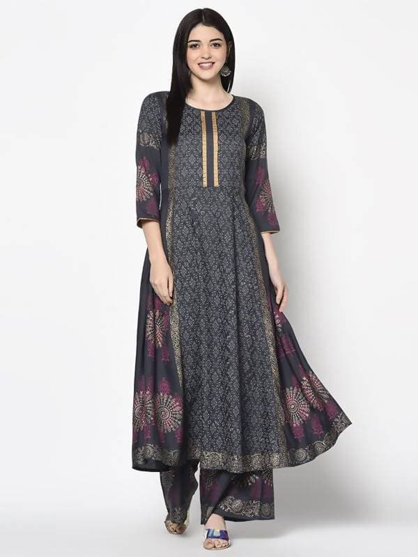 Aniyah Rayon Dark Grey Color Block Print Anarkali Palazzo Set (AN-199K) | Grab2Buy