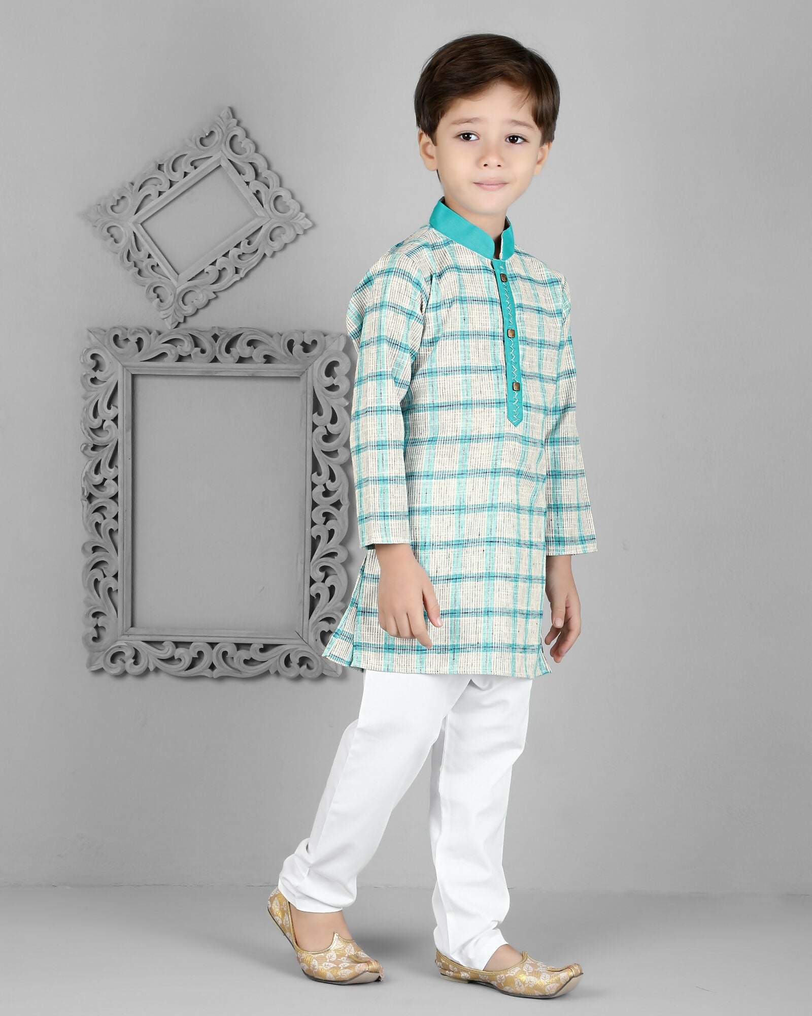 Joban Fashion Kids Island Cotton Full Sleeves Striped Kurta and Pyjama- Teal Blue | Grab2Buy