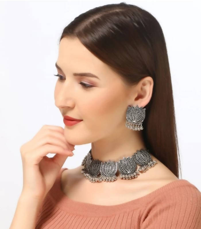 Mominos Fashion Oxidised Lotus Design Silver Color Necklace Choker Set | Grab2Buy
