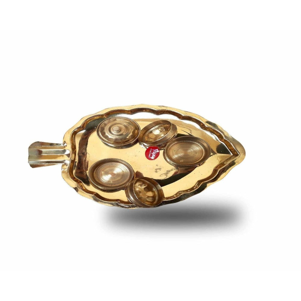 Leaf Shape Brass Tray with Haldi Boxes | Grab2Buy