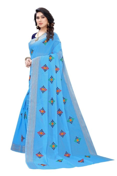 Vamika Chanderi Cotton Embroidery Blue Saree (Dixa Blue) | Grab2Buy