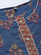 Yufta Women Blue and Red Ethnic Motifs Pure Cotton Kurta with Trouser and Dupatta | Grab2Buy