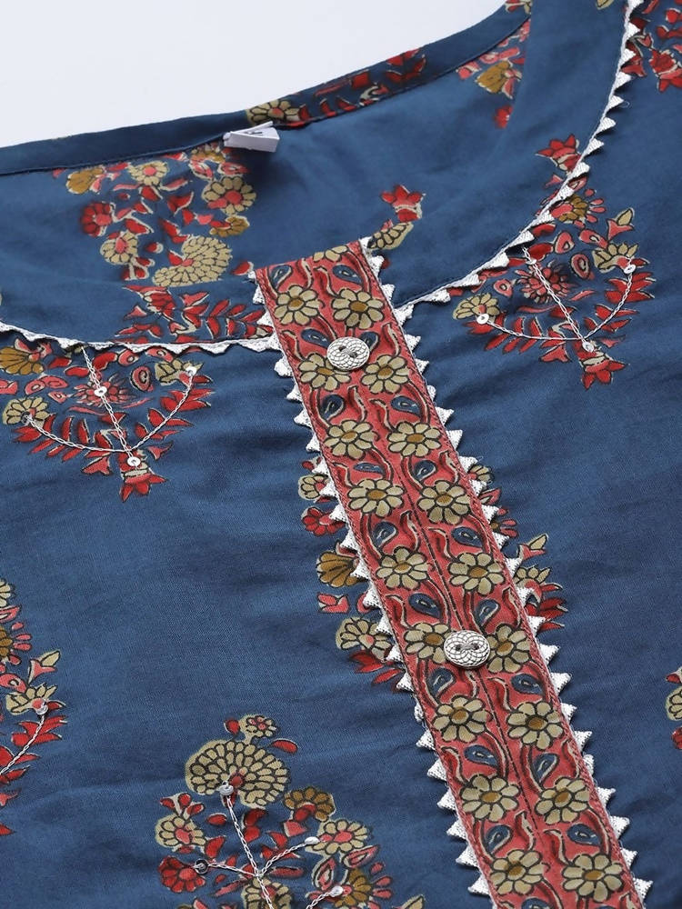 Yufta Women Blue and Red Ethnic Motifs Pure Cotton Kurta with Trouser and Dupatta | Grab2Buy