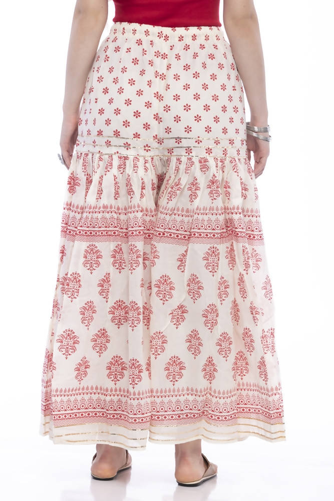 Mominos Fashion Cotton Block Print With Lace Work Off White Red Color Prints Palazzo | Grab2Buy