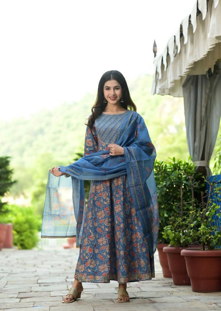 Yufta Women Blue Floral Yoke Design Regular Aari Work Pure Cotton Kurta with Trouser & With Dupatta | Grab2Buy