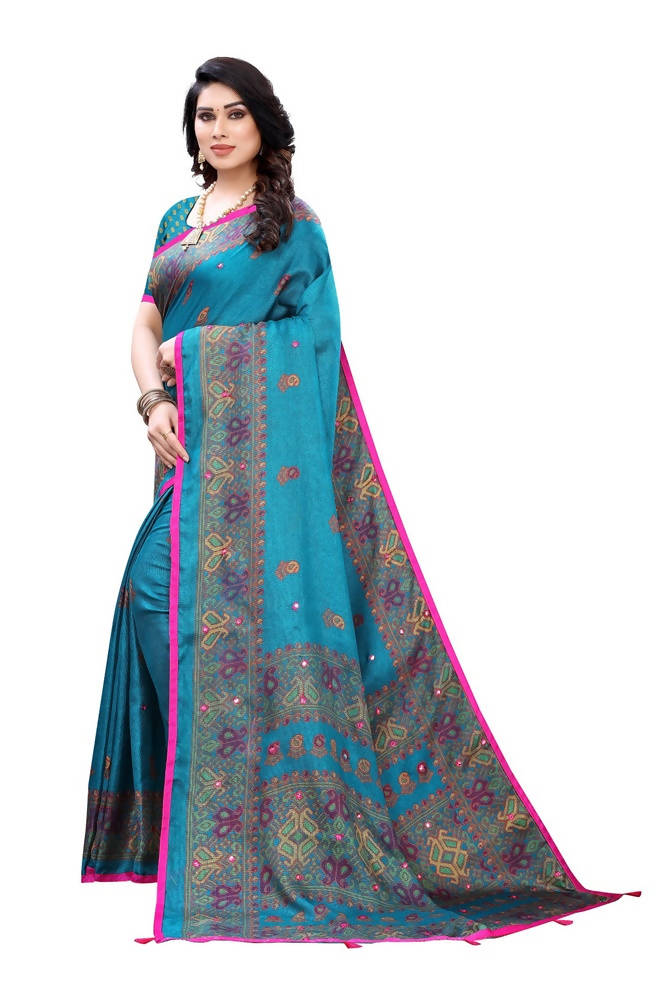 Vamika Rama Green Color Jute Silk Mirror Work Saree | Grab2Buy