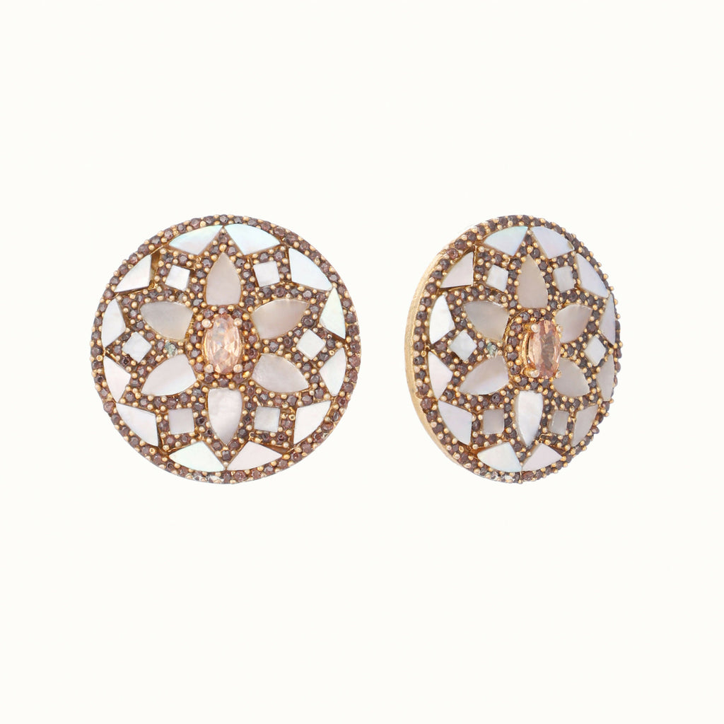 Nuyug 22K Gold Plated Mother of Pearls and Stone Studded Contemporary Floral Shaped Studs | Grab2Buy