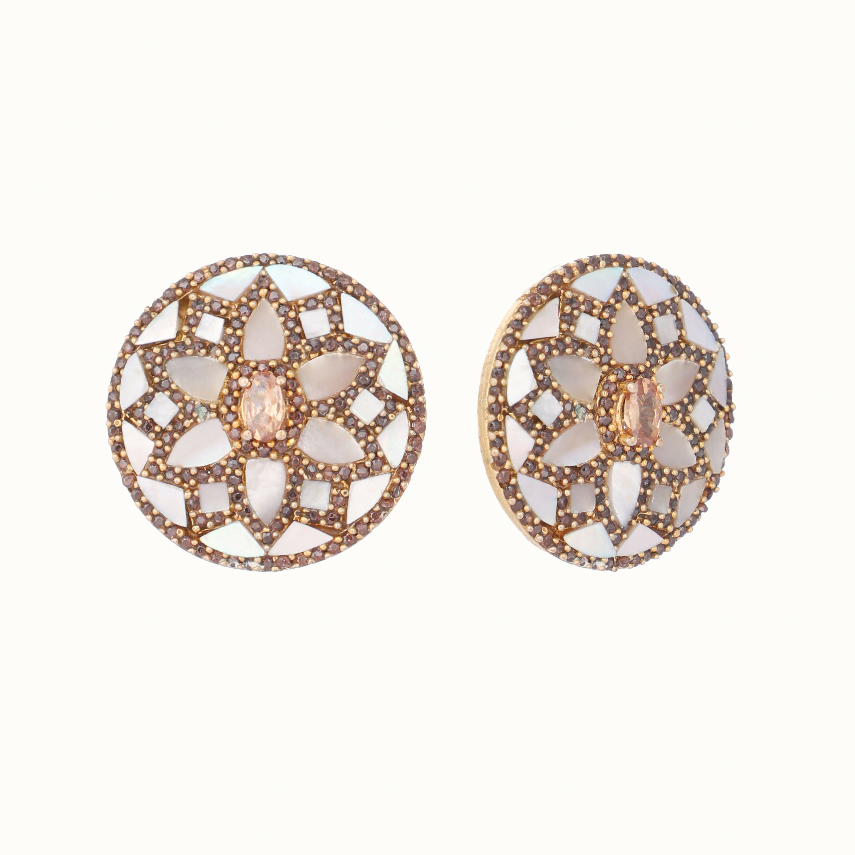 Nuyug 22K Gold Plated Mother of Pearls and Stone Studded Contemporary Floral Shaped Studs | Grab2Buy