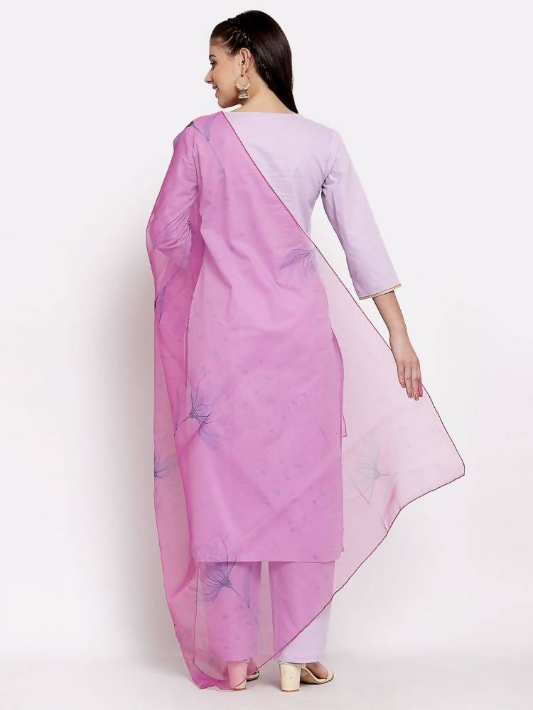 Myshka Women's Light Purple Cotton Solid 3/4 Sleeve Round Neck Casual Kurta Pant Dupatta Set | Grab2Buy