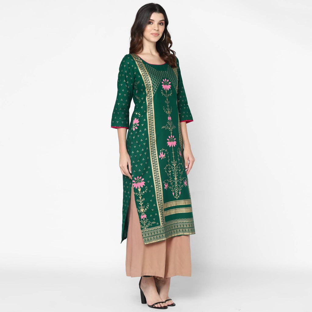 Cheera Hand Block Print Green Straight Kurta (MAAI-063K) | Grab2Buy