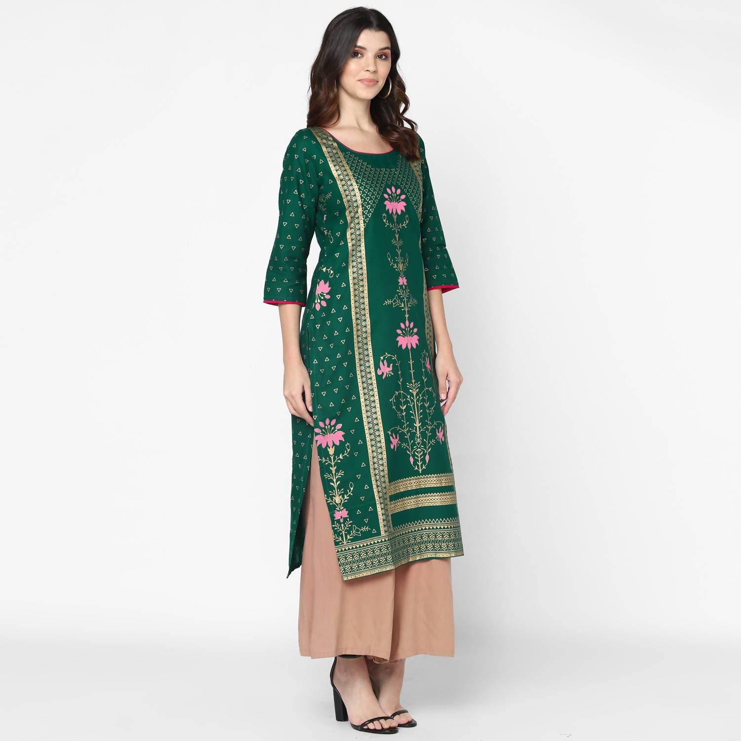 Cheera Hand Block Print Green Straight Kurta (MAAI-063K) | Grab2Buy