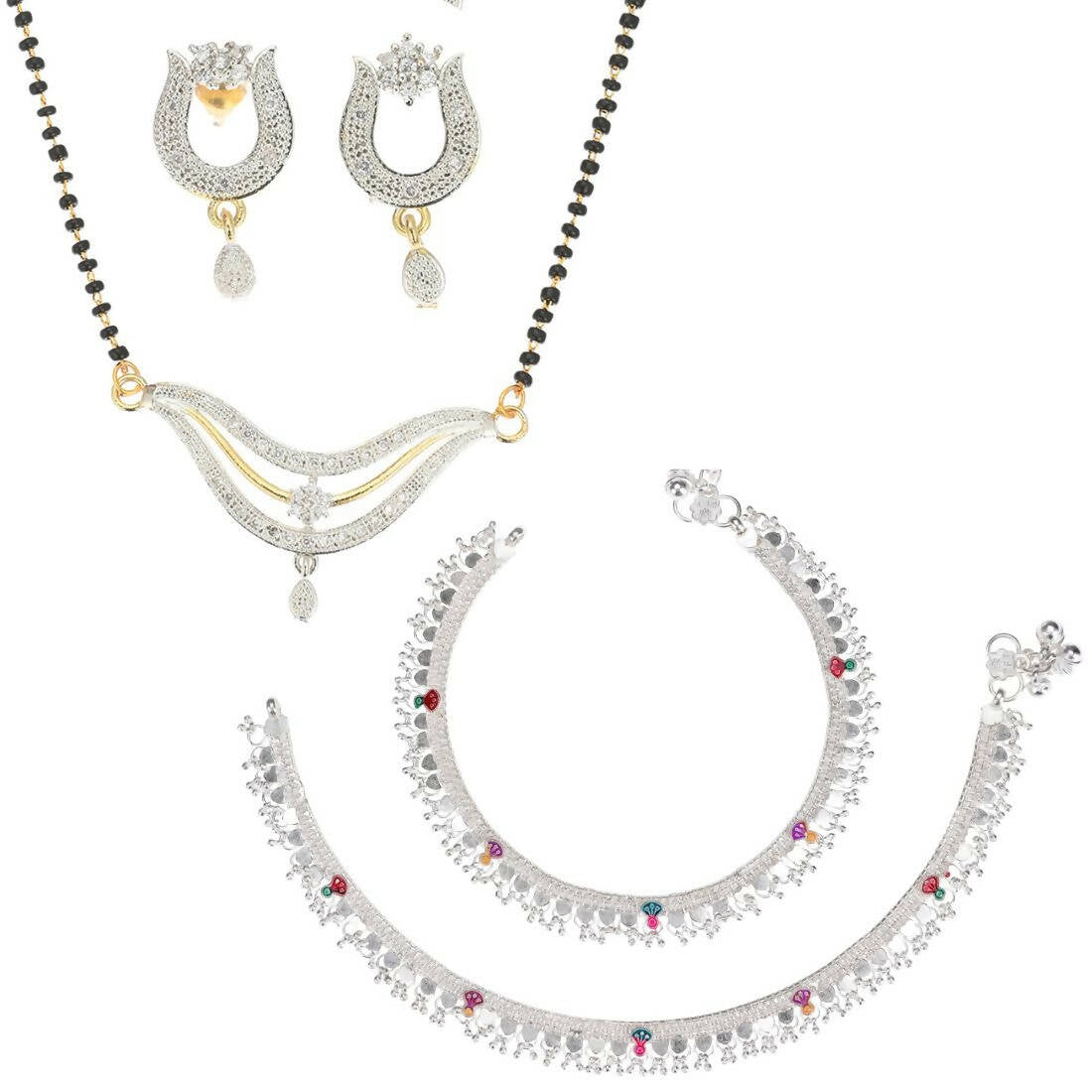 AanyaCentric Gold-Polished Mangalsutra Pendant Earring Set & Silver Plated Anklet | Grab2Buy