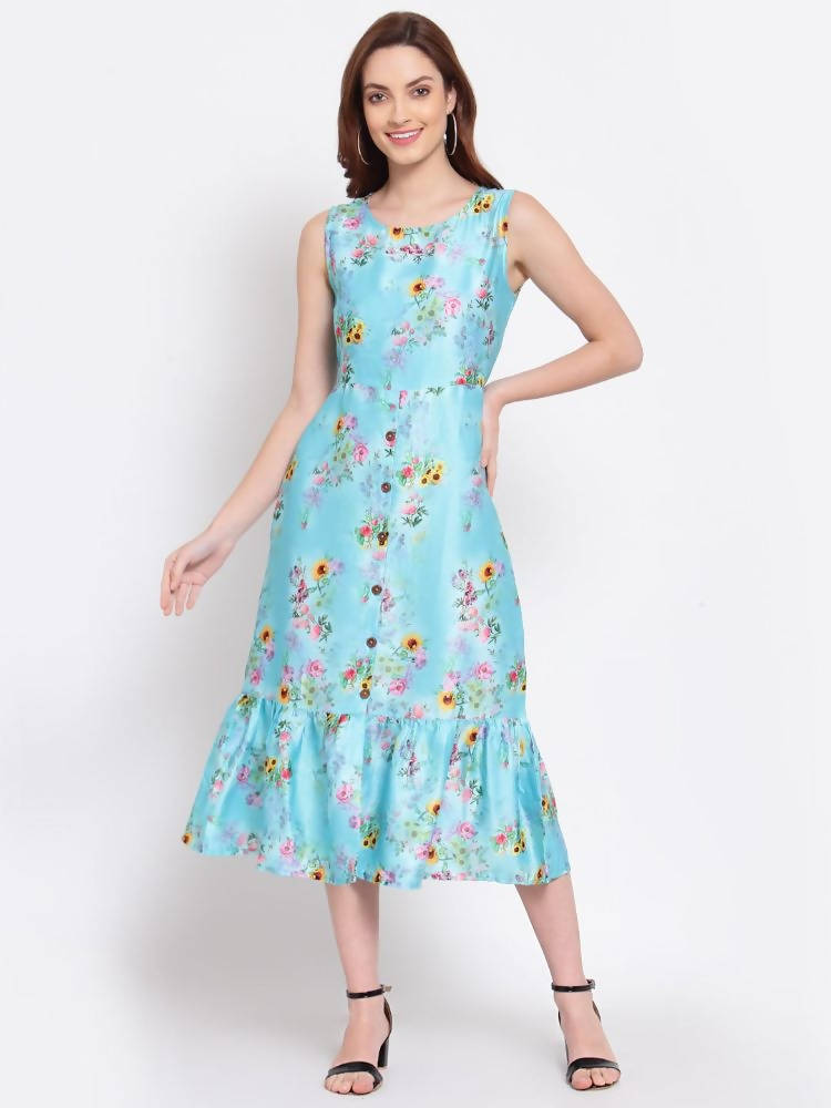 Myshka Women's Green Printed Cotton Blend Sleeveless Round Neck Casual Dress | Grab2Buy