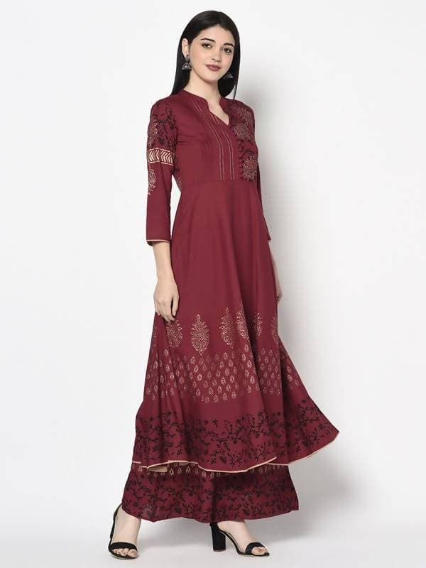 Aniyah Rayon Maroon Color Block Print Anarkali Palazzo Set (AN-181K) | Grab2Buy