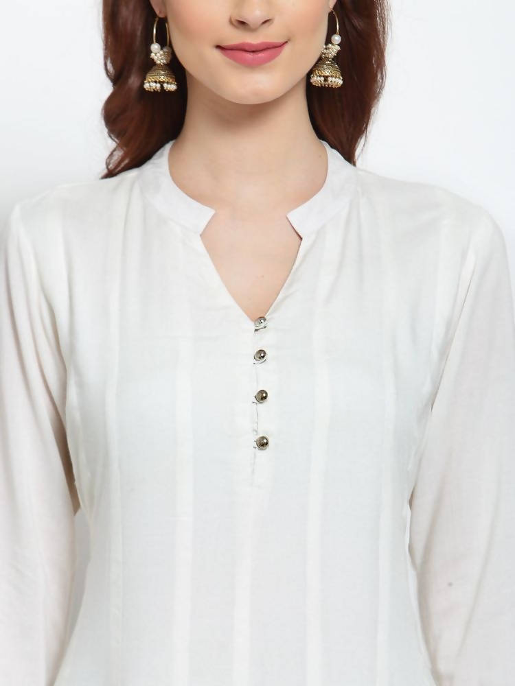 Myshka Women's White Solid Rayon Full Sleeve V Neck Casual Kurta Dupatta Set | Grab2Buy