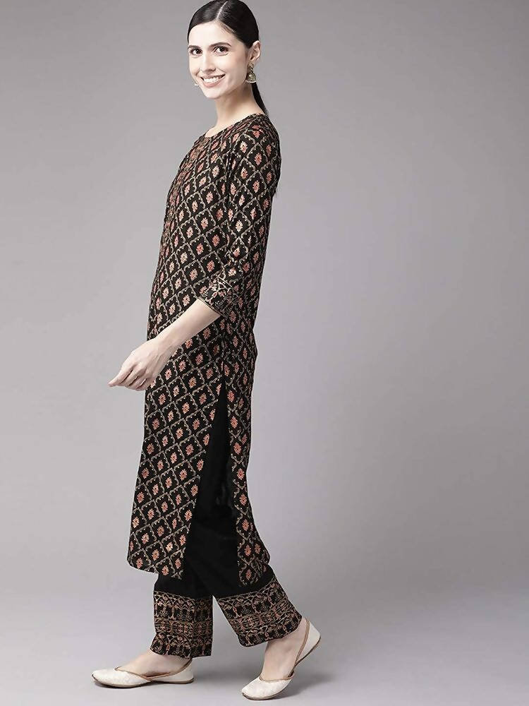 Yufta Women Black & Golden Handblock Printed Kurta with Trouser | Grab2Buy