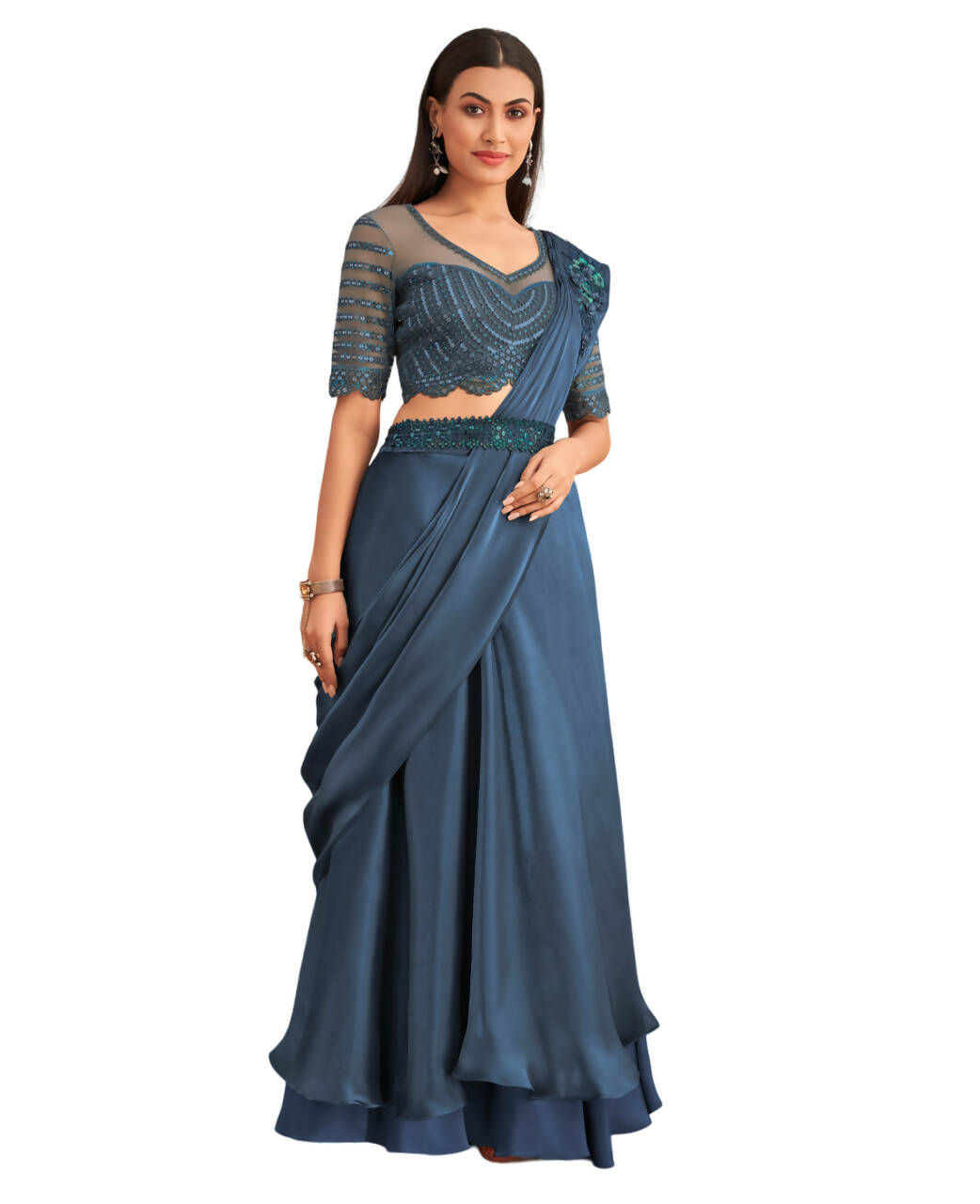 Navy Blue Satin Embroidered Ready To Wear Saree With Unstitched Blouse Piece - Nandika | Grab2Buy