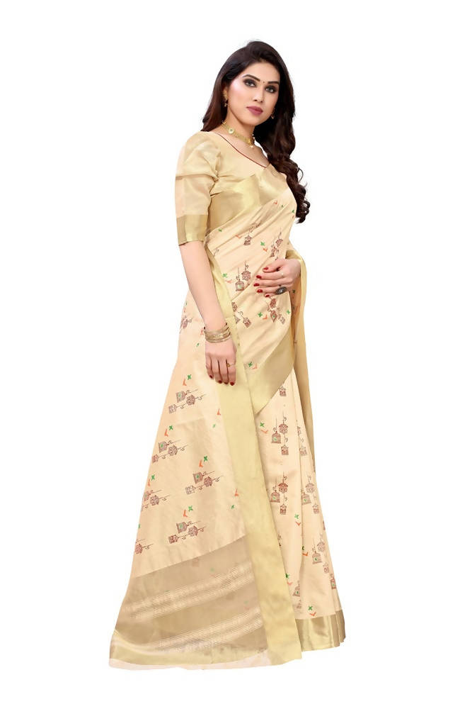 Vamika Cream Color Cotton Polyester Silk Weaving Saree | Grab2Buy