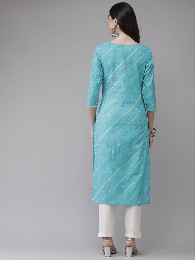 Yufta Women Turquoise Blue & Multicoloured Leheriya Printed Gotta Patti Kurta | Grab2Buy