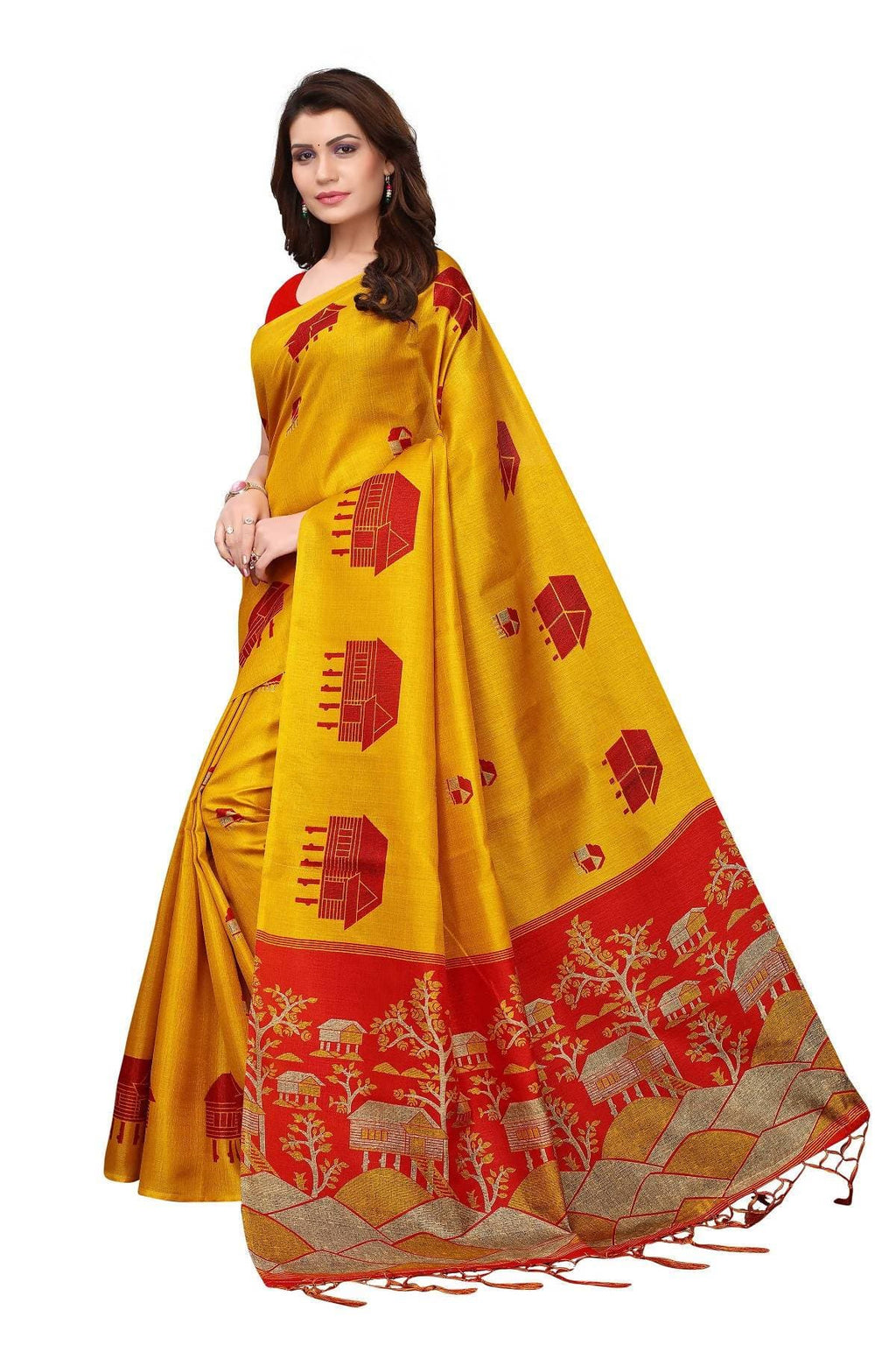 Vamika Latest Fashion Yellow & Red Kalamkari With Jhalar Khadi Silk Saree | Grab2Buy