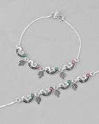 VOJ Set of 2 Silver Plated Multi Color Meenakari Anklet