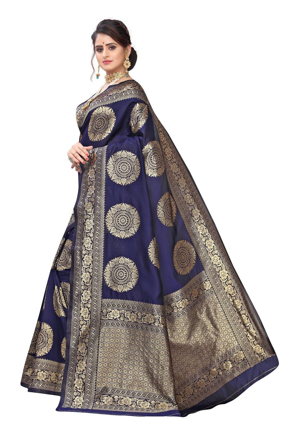 Vamika Traditional Banarasi Jacquard Weaving Navy Blue Saree | Grab2Buy