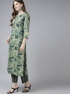 Yufta Women Teal and Beige Floral Dyed Pure Cotton Kurta with Palazzo and Dupatta | Grab2Buy