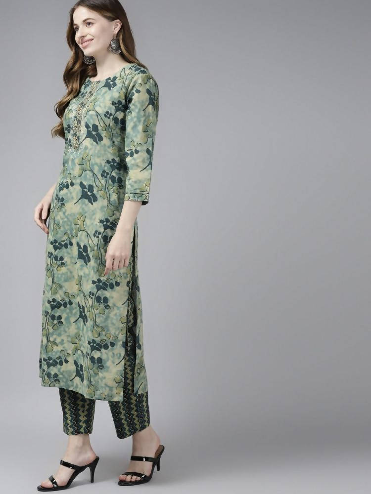 Yufta Women Teal and Beige Floral Dyed Pure Cotton Kurta with Palazzo and Dupatta | Grab2Buy