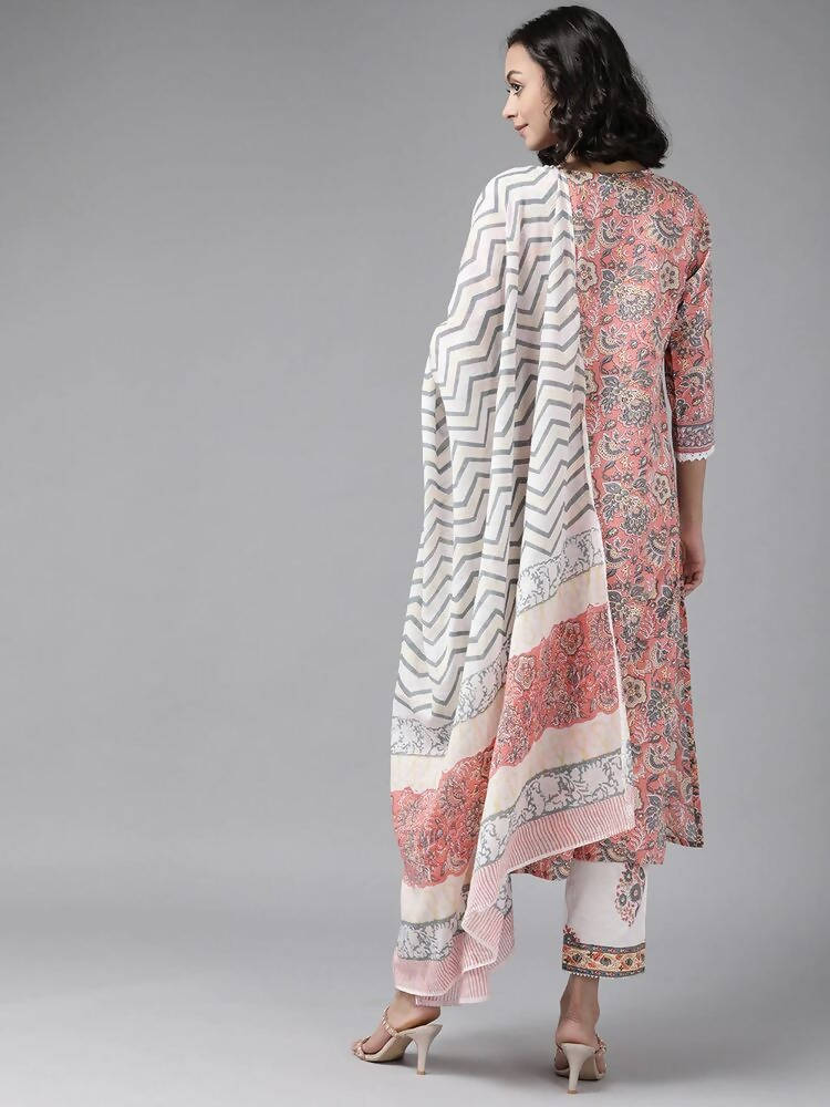Yufta Peach Hand Block Printed Kurta with Trouser and Dupatta | Grab2Buy