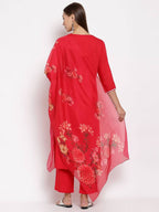 Myshka Women's Red Cotton Solid 3/4 Sleeve Square Neck Casual Kurta Pant Dupatta Set | Grab2Buy