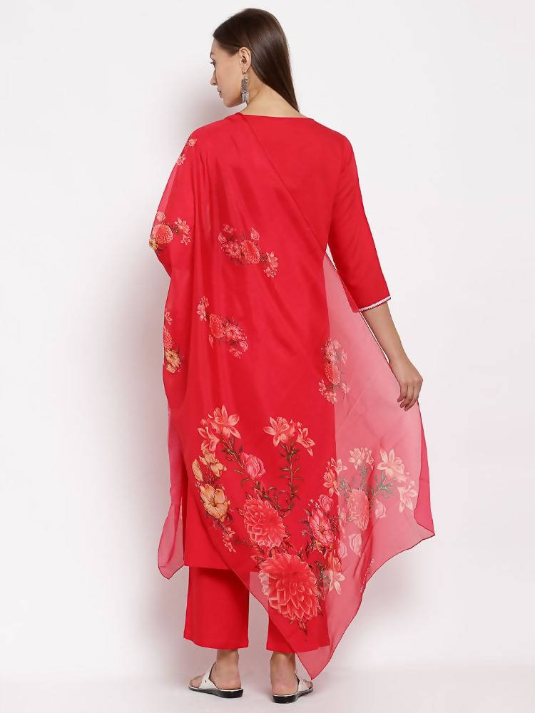 Myshka Women's Red Cotton Solid 3/4 Sleeve Square Neck Casual Kurta Pant Dupatta Set | Grab2Buy