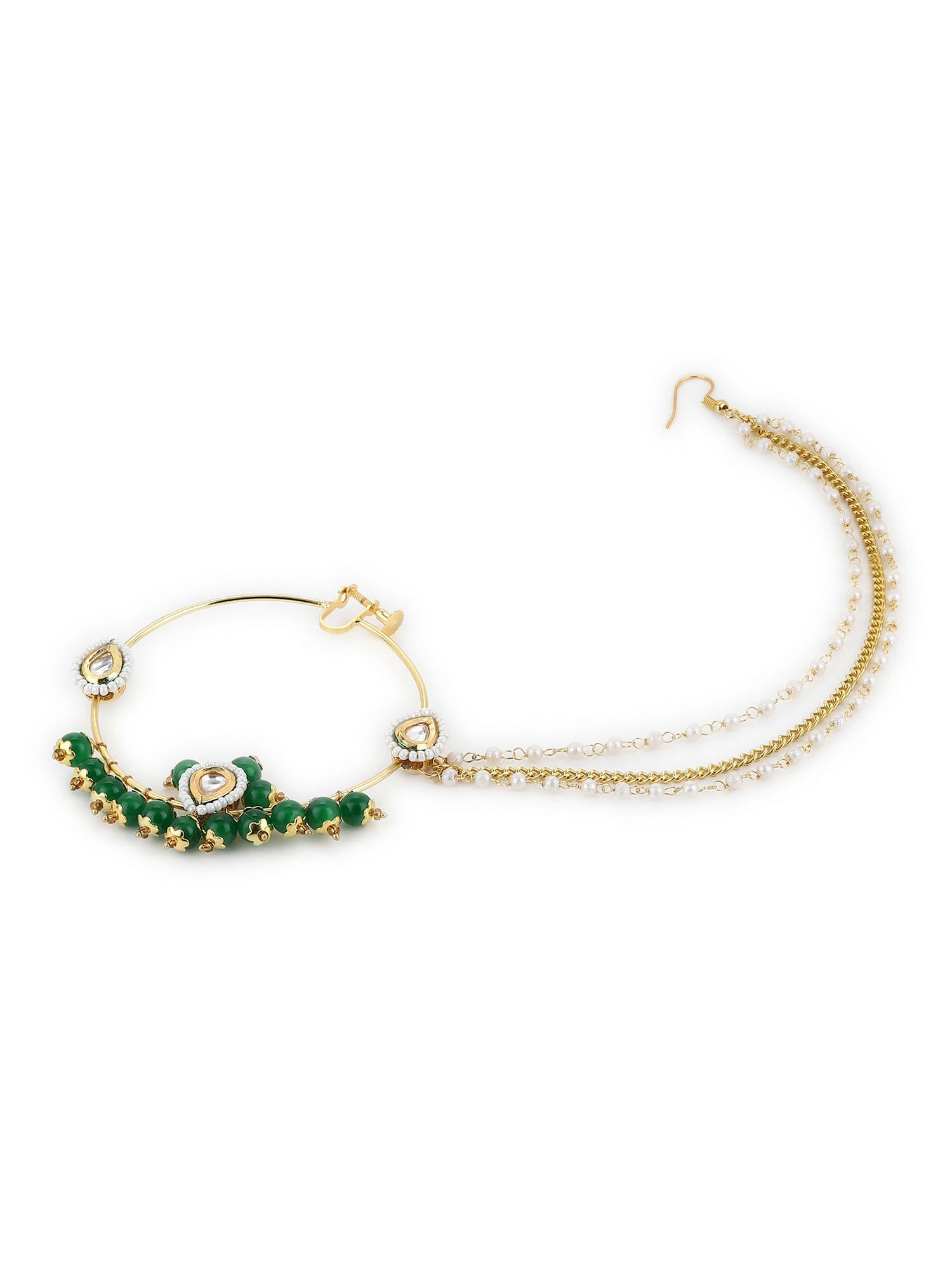 Gold-Polished White Green Kundan-Studded Pearl Beaded Nosepin - Ruby Raang | Grab2Buy